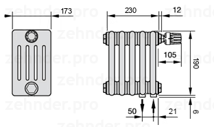 Схема (чертеж) Радиатор Zehnder Charleston 5019/5 №V002 Белый глянцевый RAL 9016